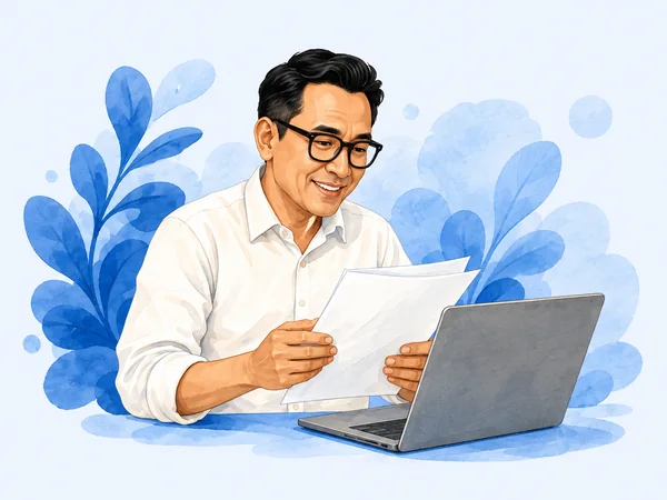 Ilustrasi Eko dengan laptop dan dokumen