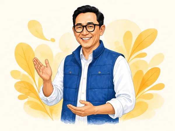 Ilustrasi Eko memakai vest biru dan menyambut